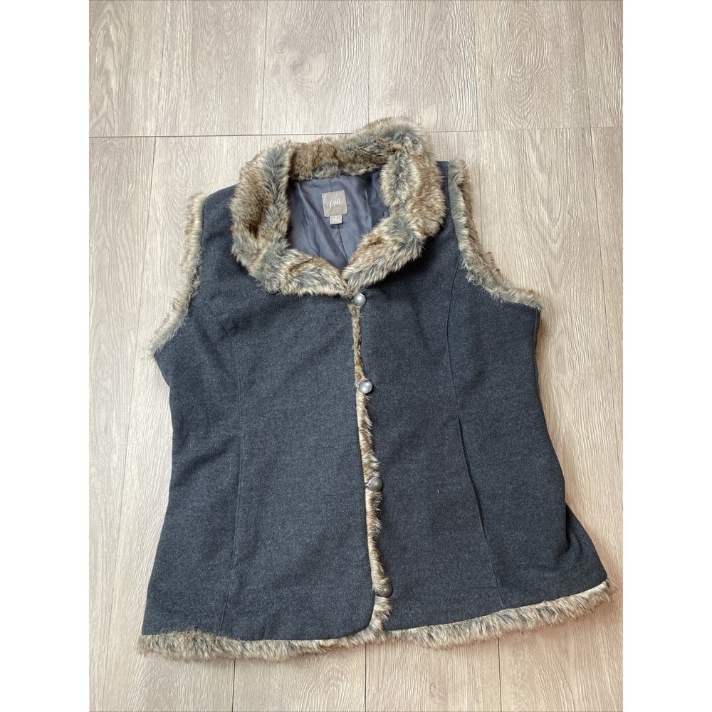 J Jill Vest Womens Small Gray  Faux Fur Collar Button Up‎ Boho Lined